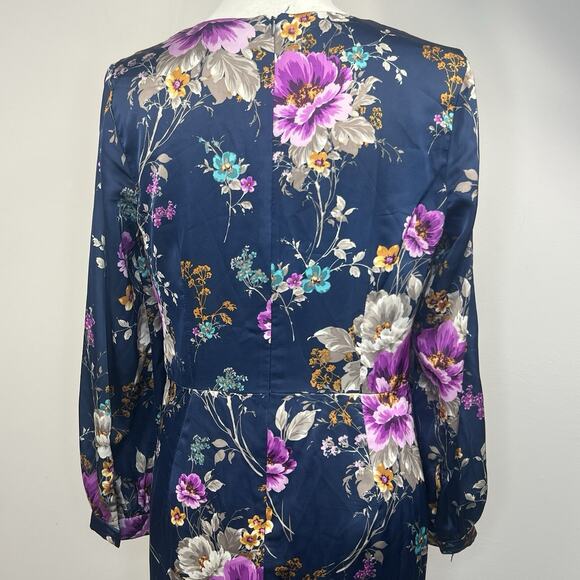 Maggy London Petite Women's Navy Blue Floral Satin Dress 10P Ruched Waist - Picture 7 of 14